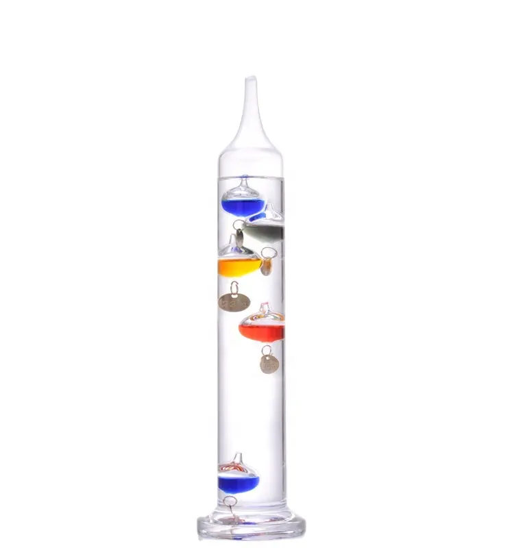 De Galileo Thermometer Met Rechte Buis Glas Met Transparante Vloeistof En Gekleurde Bollen Zwevende Glazen Thermometer