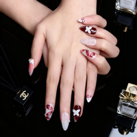 Faux ongles à presser rouge bordeaux et blanc, forme amande moyenne, en acrylique, avec accent 3D fleur, nœud et perle, 10 pièces, fourniture personnalisée pour supermarché
