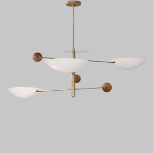 Lustre Sputnik de luxe de style mid-century, combinaison laiton et bois, 3 lumières, avec abat-jour noirs, style moderne - Product Image 5