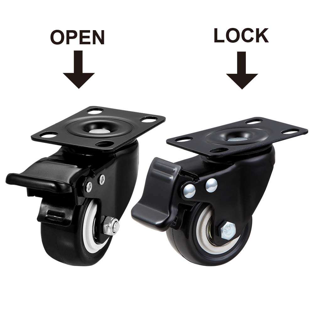 2 Inch Universal PU Caster Wheels With Swivel Steel Plate and Brake for Furniture, Cabinet Shelf, Trolley. 1.5&2.5inch Included.
