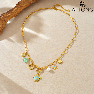 Collar con Colgante de Tortuga, Estrella de Mar y Vieira, Diseño Colorido en Acero Inoxidable, Estilo Resort Oceánico, Bañado en Oro, con Efecto de Goteo de Aceite, <span class=keywords><strong>para</strong></span> <span class=keywords><strong>Viajes</strong></span> - Product Image 3