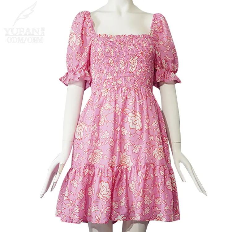 YuFan özel pembe kare boyun şifon fırfır Mini elbise çiçek baskı yüksek bel yaz bayanlar günlük elbiseler