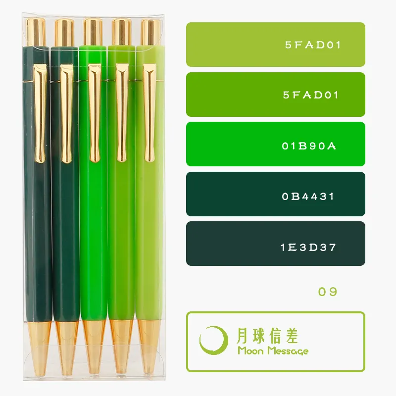 Özel Logo altın ve yeşil altıgen plastik tükenmez kalem, kadınlar için sevimli kalemler, erkekler