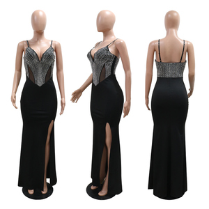 CY901383 Usine <span class=keywords><strong>Pas</strong></span> <span class=keywords><strong>Cher</strong></span> Prix Femme Chic Sexy Slip <span class=keywords><strong>Robe</strong></span> 2024 <span class=keywords><strong>Longue</strong></span> Maxi <span class=keywords><strong>Robe</strong></span> Noire Avec Strass <span class=keywords><strong>Robe</strong></span> - Product Image 6