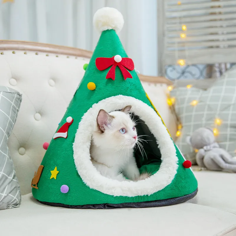 Теплая Лежанка для домашних животных, Рождественская шапка, домик-домик для кошек, мягкая плюшевая Лежанка для щенков, маленькая спальная кровать для кошек, палатка, переносная подушка для домашних животных, коврик