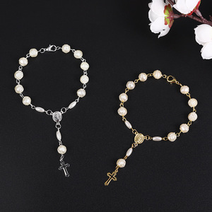 SC-pulsera con colgante de Cruz hueca <span class=keywords><strong>para</strong></span> mujer, brazalete con cuentas de Perla Rosa, <span class=keywords><strong>para</strong></span> <span class=keywords><strong>bautizo</strong></span>, novedad - Product Image 4