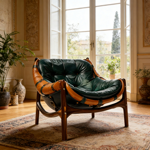 Sillón de Salón de Mediados de Siglo, Sillón de Cuero Marrón, Sillón Reclinable de Relajación, Sofá Individual para Sala de Estar, Sillón Vintage con Brazos de Madera - Product Image 1