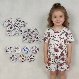 Ensemble de vêtements d'été pour filles, style décontracté, avec nœuds et imprimé étoiles, coupe festonnée, doux, pour les vacances, vêtements de mode en gros - Product Image 1