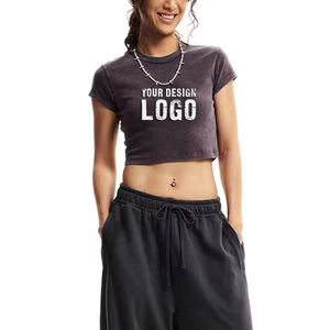 T-shirt de sport de yoga à manches courtes pour femme, couleur unie, logo personnalisé, coupe ajustée de haute qualité, t-shirts courts lavés, style Spice Girl - Product Image 6