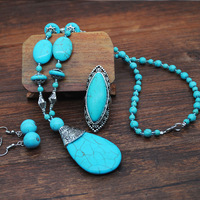 Parure de bijoux vintage turquoise pour femme, hypoallergénique, anti-décoloration, avec grandes boucles d'oreilles, bracelet et collier, faible MOQ