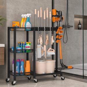 Carrello Organizzatore Mobile per Prodotti di Pulizia Commerciale, in Acciaio Resistente, Porta-Mop e Scopa, Carrello Multiuso per Servizi di Pulizia - Product Image 3