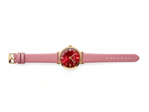 Orologio da donna alla moda con quadrante rosso, cinturino in pelle rosa, cassa placcata oro, resistente all'acqua, design rotondo - Product Image 1