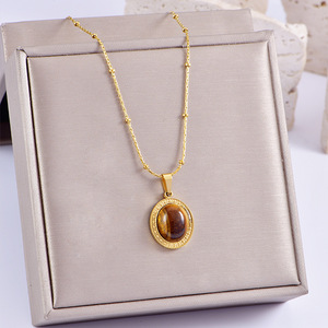 Collier pendentif <span class=keywords><strong>soleil</strong></span> en acier inoxydable imperméable pour femme plaqué or 18 carats avec <span class=keywords><strong>pierre</strong></span> œil <span class=keywords><strong>de</strong></span> tigre vintage et <span class=keywords><strong>perle</strong></span> aspect naturel - Product Image 6