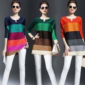 De moda versátil gran stripe T camisa base blusa <span class=keywords><strong>Issey</strong></span> <span class=keywords><strong>Miyake</strong></span> pliegues <span class=keywords><strong>vestido</strong></span> de camisa t - Product Image 3