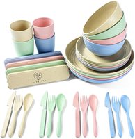 Ensemble de vaisselle de luxe écologique en fibre de bambou biodégradable, 12 pièces, comprenant assiettes, tasses et couverts