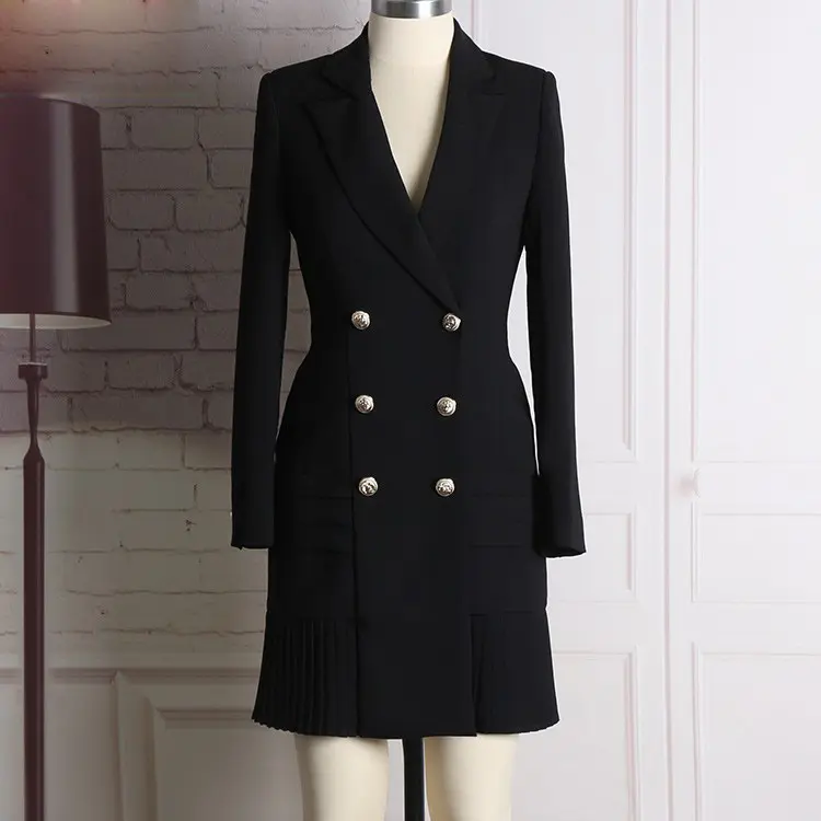 2023 Ladies Elegant Formal Long Sleeve Pleated Double Breasted Blazer Dress Black Slim Fit Business Wear Jackets Woman Blazers