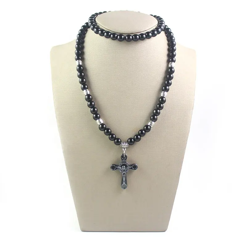Мужское ожерелье из гематита с черными круглыми бусинами, длинная цепочка с крестом в христианском стиле