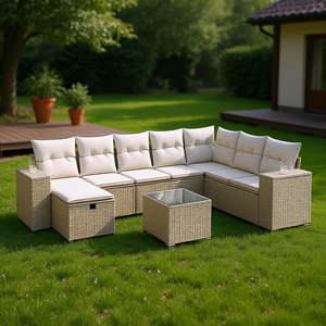 Grand ensemble de canapés de jardin beige en polyrotin avec structure en acier, 6 places, mobilier d'extérieur au design contemporain - Product Image 2
