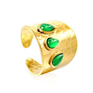 European Style <b>Gold</b> Plated <b>Ring</b> With Green Oval Stones Bezel <b>Set</b> Unisex Party Jewelry - Product Image 2