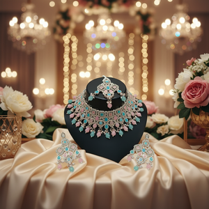 Parure de bijoux ethniques en laiton plaqué or avec zircon et Kundan, collier ras-du-cou, boucles d'oreilles pendantes, Tikka – Haute qualité, cadeau de mariage, fête - Product Image 3