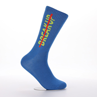 Chaussettes personnalisées bleues pour la vente en gros, motif textuel tricoté avec une ligne d'accentuation rouge, logo personnalisé et couleurs personnalisées