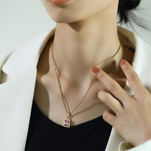 Collar Rectangular Económico con Colgante de Piedra de Nacimiento, Cadena Cubana de Acero Inoxidable Personalizada, Chapado en Oro de 18k para Hombre y Mujer R.GEM. - Product Image 4