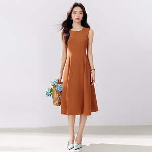 Sleeveless Midi Dress For Women Solid Color O Neck Natural Waist Daily Casual Wear Simple Style Elegant Fashionable - Product Image 1