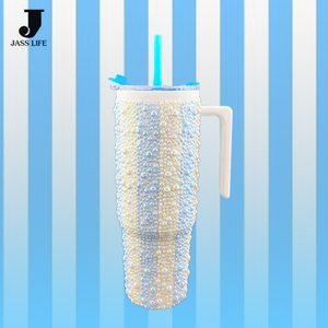 Nouveautés populaires Conception à rayures parallèles Macaron Couleur Perle Gobelet en strass Grande capacité Tasses à café portables - Product Image 3