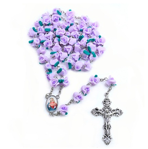 Rosario Cattolico Colorato con Perle a Forma di Rosa in Argilla Polimerica, Collana con Crocifisso - Product Image 1