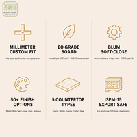 Cuisine complète sur mesure avec placage noyer, fermeture douce ivoire, panneaux E0, plan de travail en quartz, conformité ISPM-15, emballage export, fabrication OEM