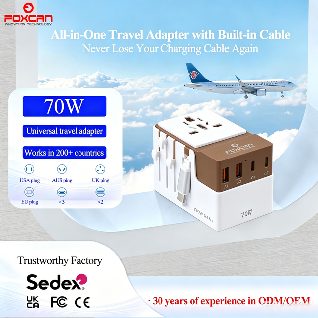 Foxcan Universal Travel Adapter 3USB-C+2USB-A 70W GaN PD/QC3.0 10A 100-240V Compact Plug Adapter with CE/FCC Certification