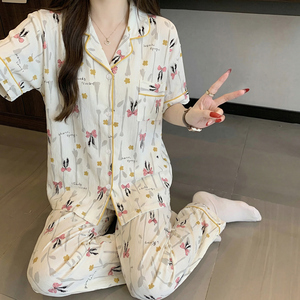 Vendita all'ingrosso di pigiami estivi da donna in stile coreano boho-chic: top a maniche corte e pantaloni lunghi in tessuto stropicciato - Product Image 6
