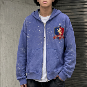 เสื้อฮู้ดซิปปักลายปักคริสตัลแบบกำหนดเอง สไตล์สตรีทแวร์วินเทจ รุ่น 6718 สำหรับทุกเพศ  ผู้ผลิตขายส่ง How Supplie - Product Image 2