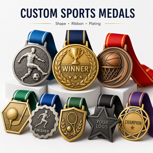 Medalla de fútbol personalizada con logotipo de metal fundido a presión, cinta y caja de regalo para premio de campeón de torneo de equipos. - Product Image 1