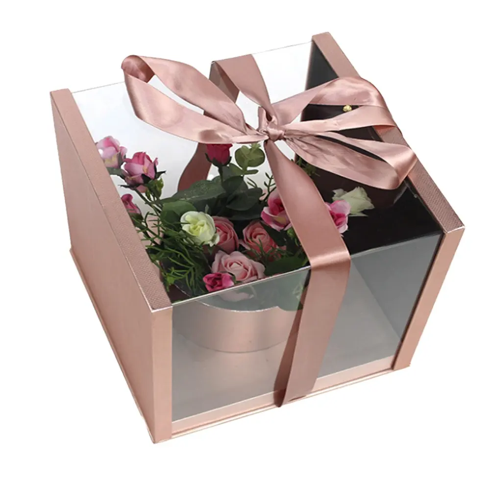 Caja de flores personalizada, caja de regalo de alta calidad con cierre de cinta, ventana limpia