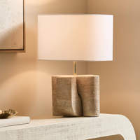 Lampe de table moderne en travertin, décoration Wabi Sabi pour hôtel de luxe, base en pierre naturelle poreuse beige, abat-jour en tissu, lampe en travertin Peniche