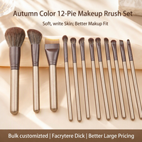 Set Kuas Makeup 12 Buah, Kuas Serat Sintetis Lembut, Gagang Kayu, Kit Kuas Wajah dan Mata untuk Pemula