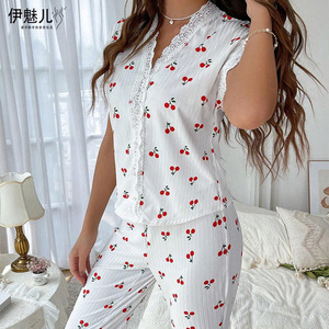 Pijamas de estilo europeo y americano para mujer, camiseta sexy con cuello en V y estampado de cereza, pantalones ajustados, ropa de estar por casa para otoño e invierno - Product Image 4