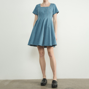 Summer Korean <strong>Wholesale</strong> Boutique Soft Washed Fabric High Waist <strong>Central</strong> Back Zipper Square Neck Denim Bottom Ruffle Dresses - Product Image 5