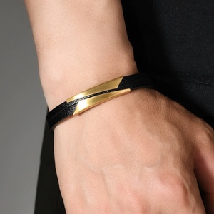 Fashion Stainless Steel PU Wristband Men Double Leather Rope <b>Bracelet</b> Gold Plated Hand Jewelry - Product Image 5