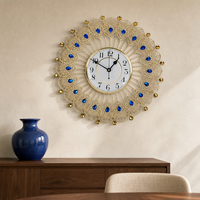 Jam Dinding Besi Seni Art Deco Eropa Motif Ekor Merak Ornamen Berlian Biru Jarum Besar Dekorasi Ruang Tamu Baterai