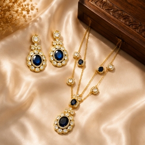 Juego de Collar y Aretes de Plata 925 de Lujo con Piedras Azules y Blancas, Joyería Nupcial India Tradicional para Mujer - Product Image 3