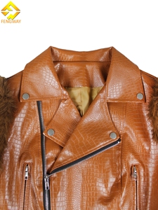 Veste bomber en cuir PU pour <span class=keywords><strong>femme</strong></span>, courte, à manches longues, décontractée, chaude, patchwork, manches en fourrure, pour l'automne et l'hiver - Product Image 2