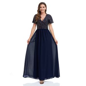 Robe de soirée décontractée en mousseline de soie à manches courtes et col en V, coupe trapèze, grande taille, pour femme - Nouvelle collection en gros - Product Image 1