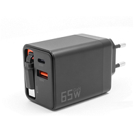 Bloc chargeur USB C 65W GaN avec câble rétractable de type C Adaptateur de charge rapide de voyage à double port Fonction PD 3.0 pour ordinateur portable