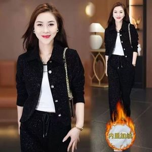 Ensemble deux pièces pour <span class=keywords><strong>femme</strong></span> en molleton gaufré, veste boutonnée et pantalon à cordon de serrage, tenue décontractée et chaude pour l'hiver - Product Image 1