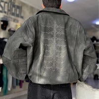 Blouson Bomber Moto Homme en Cuir Microfibre Lavé, Coupe Ample, Style Gothique Brodé, Vintage Streetwear, Personnalisé OEM