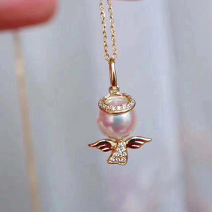 S925 <b>Silver</b> Pendant and <b>Angel</b> Style Jade <b>Necklace</b> with 8-9mm Round Beads DIY Pearl Accessories 30369 - Product Image 1