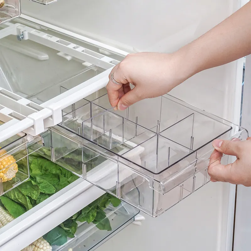 Storage Bins Hanging Pull Out PET Plastic Transparent Adjustable Refrigerator Fridge Drawer Storage Organizer