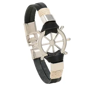 Neue Vintage schwarz braun Legierung Ruder Armband Trendy Leder Seil Anker Schiff Ruder geflochtene Armbänder für Männer Modeschmuck